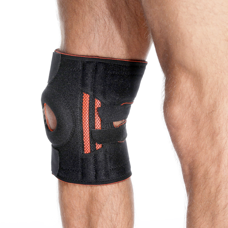 Soporte de rodilla abierta de almohadilla de gel de rótula con estabilizadores de resorte lateral, correas de velcro ajustables